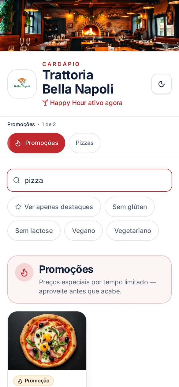 Busca do cardápio em uso, com filtros alimentares e resultados filtrados