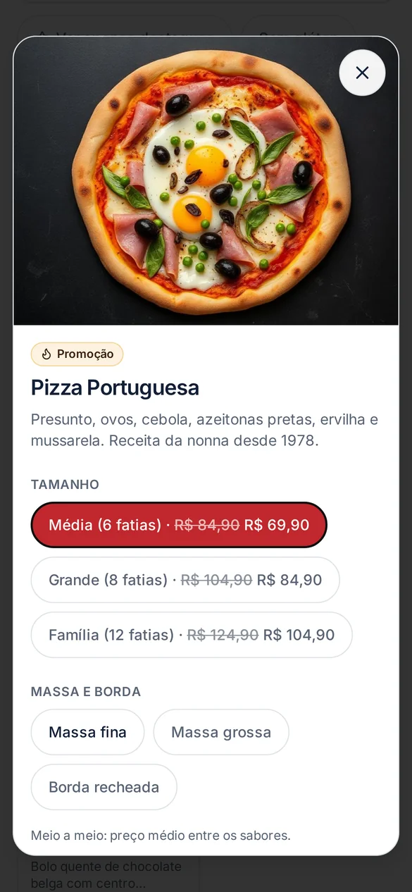 Modal de pizza com escolha de tamanho, massa, borda e opção meio a meio