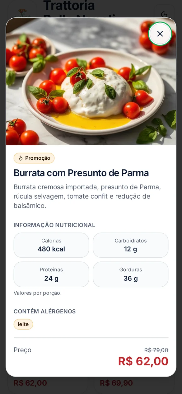 Modal de produto aberto com foto, descrição, informação nutricional e alérgenos