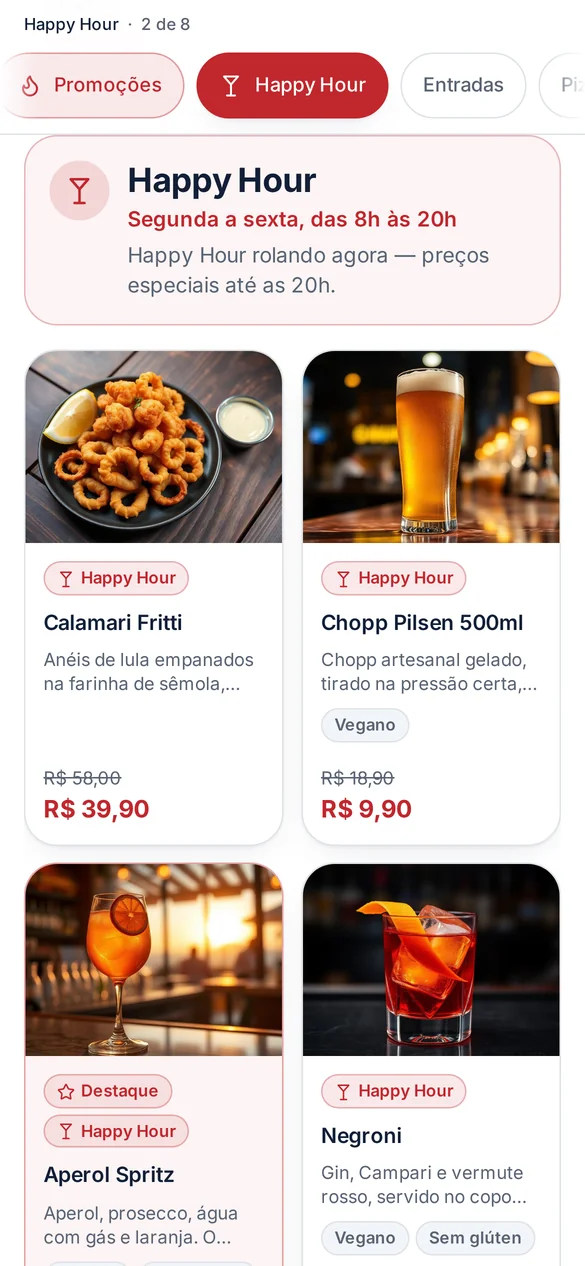 Grupo de Happy Hour do cardápio, com horário ativo e bebidas com preço especial